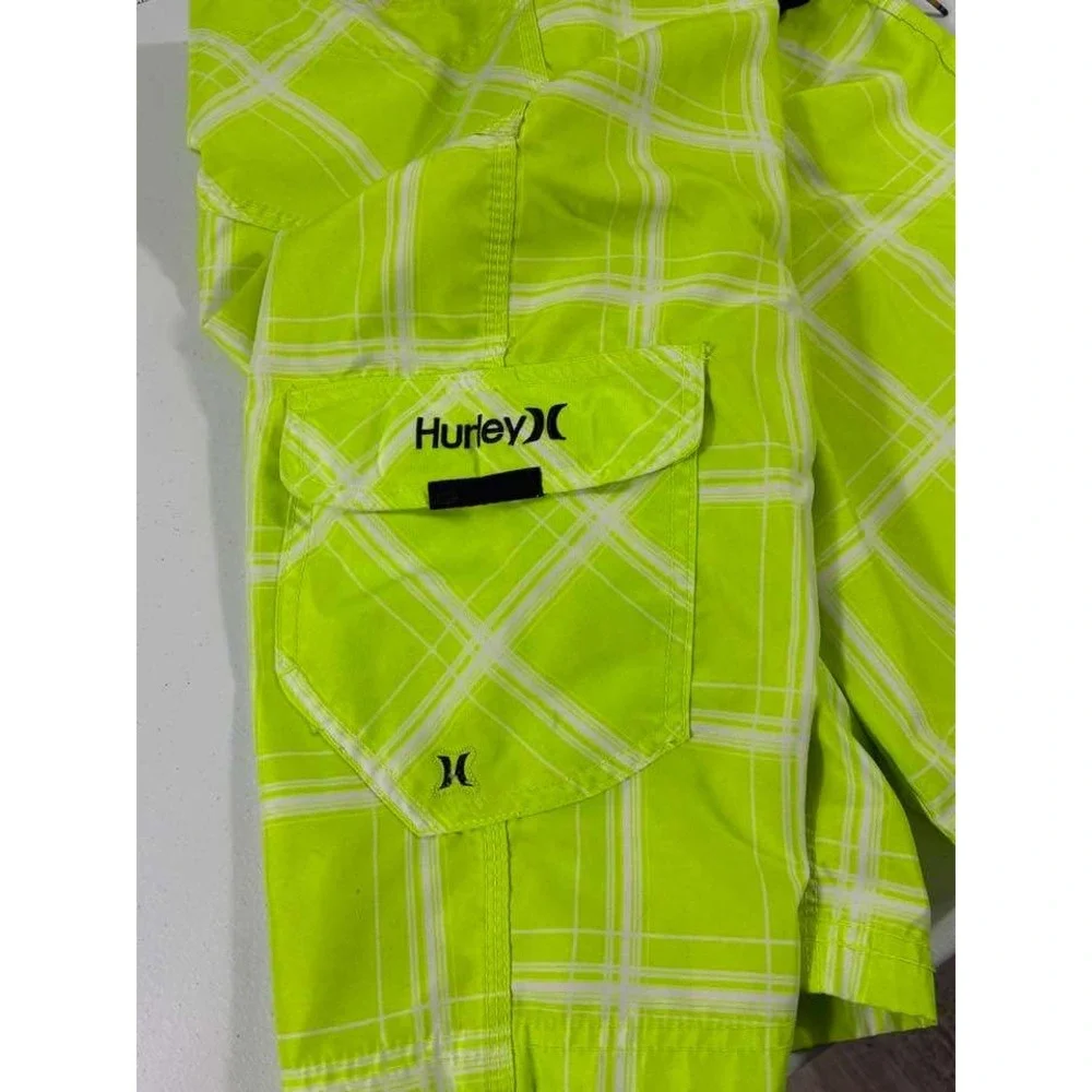 Hurley Board Shorts Mens 38 Neon Green Plaid Surf Swim Y2K Beach Skater Surfcore